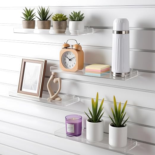 Yalikop 4 Pcs Slatwall Shelves Clear Acrylic Slatwall Shelves Organizer Wall Mounted Hanging Accessories Plastic Panel Display Shelf for Retail Store Boutique Garage Home(Fenced Style,14 x 6 Inch)