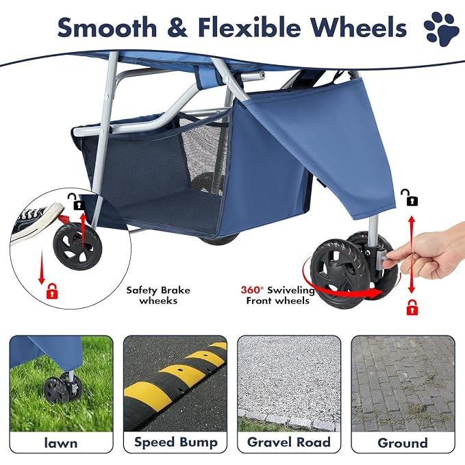 3 Wheels Pet Stroller,Storage Basket and Cup Holder, Breathable Mesh, Waterproof and Foldable for Small/Medium Dogs and Cats Strollers, Lightweight Travel Carrier for Daily Walks & Outdoor，Blue