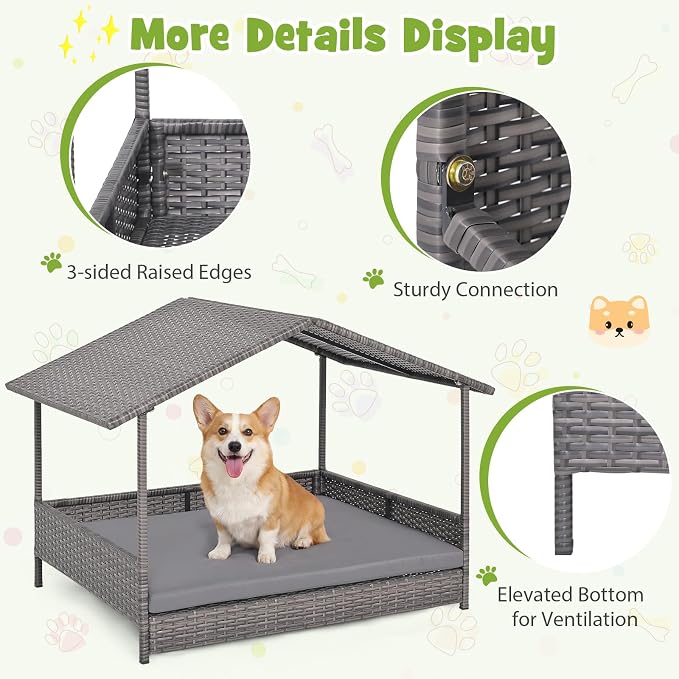 Giantex Outdoor Wicker Dog House with Roof Canopy, Elevated Rattan Dog Bed with Washable Cushion, Weatherproof Patio Pet Bed for Small Medium Dogs, Heavy Duty Metal Frame, 165 lbs, Gray