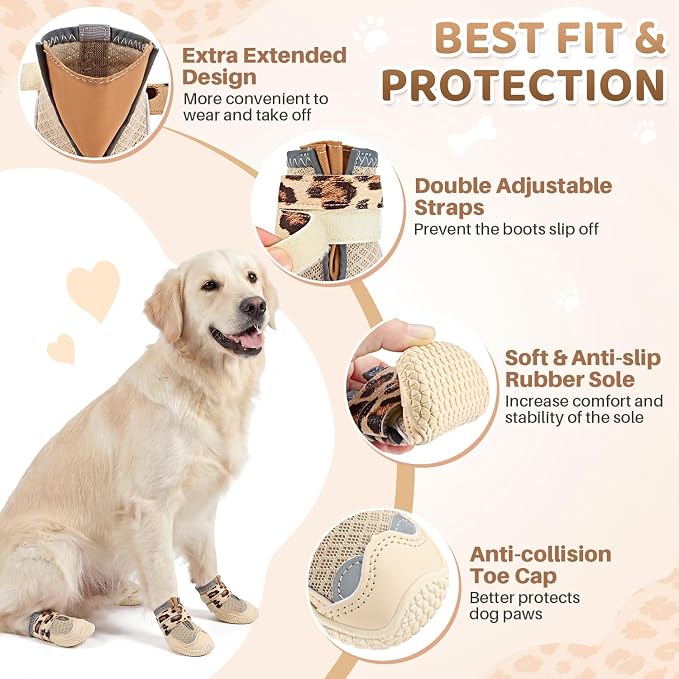 SlowTon Dog Shoes for Large Small Medium Dogs - Breathable Dog Boots for Summer Hot Pavement, Paw Protector for Outdoor Walking Winter Snow, Anti-Slip Rubber Dog Booties for Hardwood Floor (LP BG, 3)