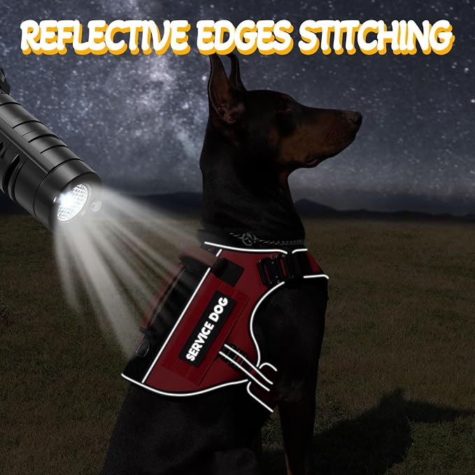 Service Dog Vest - HEYCAHVA Tactical Dog Harness Full Metal Buckles for Large Medium Dogs Reflective No Pull Dog Harnesses Vest with Leather Handle, Hook & Loop for Hiking Training (Red, XL)
