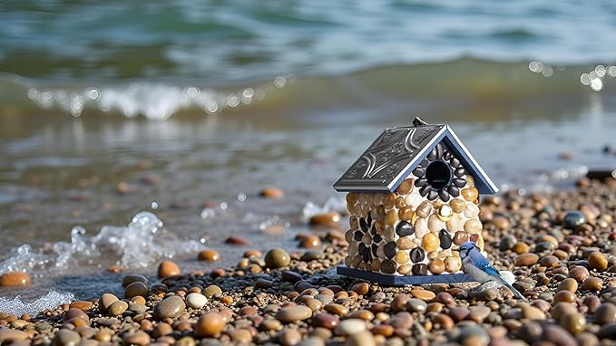 Masterpiece Bluebird Bird House for Outside Clearance, River Pebbles Cedar Bird House Bird Feeder for Outdoor, Hanging Birdhouse for Outside, Pole Mountable Birdhouse, 10 Yrs Lasting (Blue)