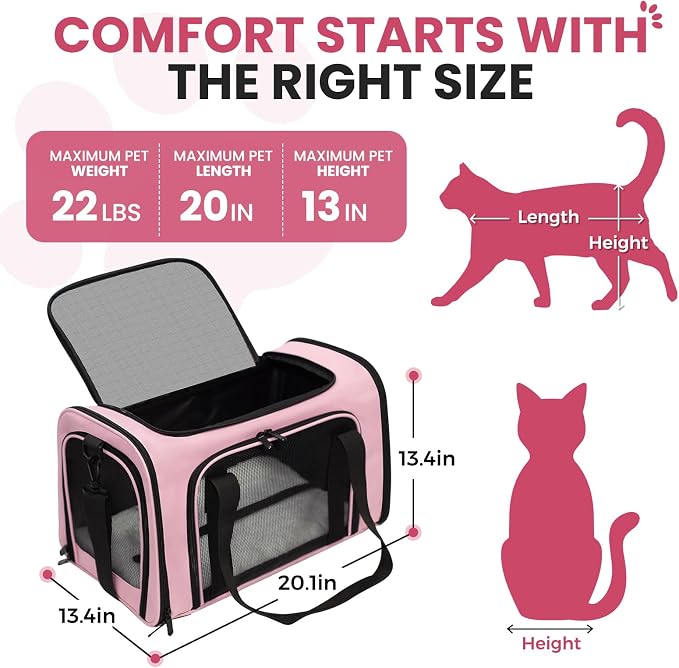 Soft-Sided Cat Carrier Expandable Pet Carrier Airline Approved Mesh Travel Carrier Up to 22lbs for Cats Small Dogs Collapsible Escape-Proof with Shoulder Strap Washer (20x13x13 Pink)