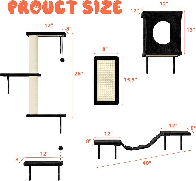 12-in-1 Cat Wall Shelves, Modern Wall-Mounted Cat Furniture, Wooden Climber Includes House, Bridge, Tree, Steps, and Scratcher, Space-Saving Cat Climbing Wall Systems, Black