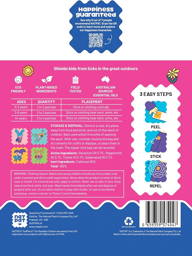 NATPAT TrailPatch Tick Repellent Stickers for Kids - All Natural Chemical Free Outdoor Bug Patch for Toddlers, Kids (48 Pack)