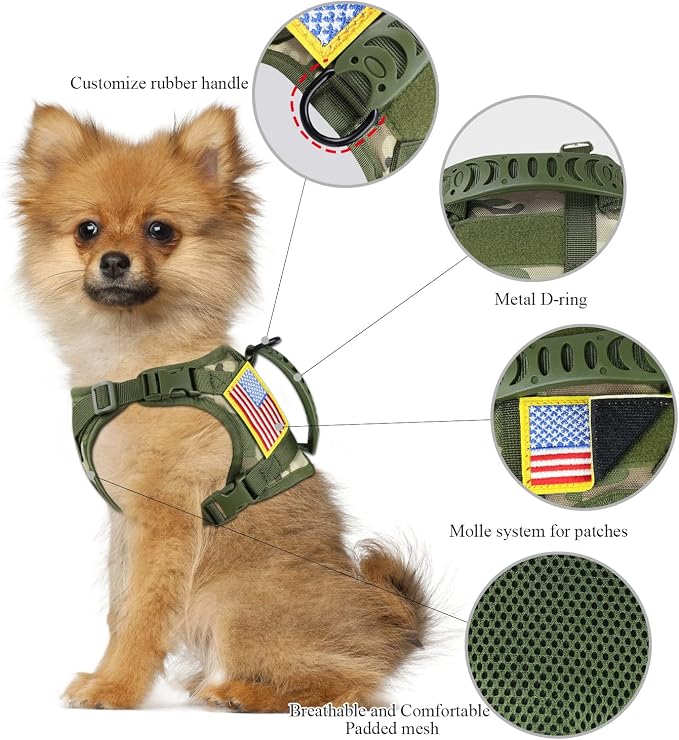 Tactical Service Dog Harness for Small Dogs, Adjustable Military K9 Working Vest with Vertical Handle, Water-Resistant MOLLE Training Gear, Camo, XS