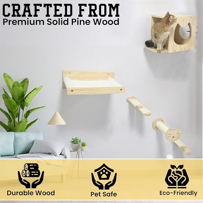 Wall Climber Set – Mounted Shelves and Climbing Bridge for Active Indoor Pets – 6-Piece Furniture Set