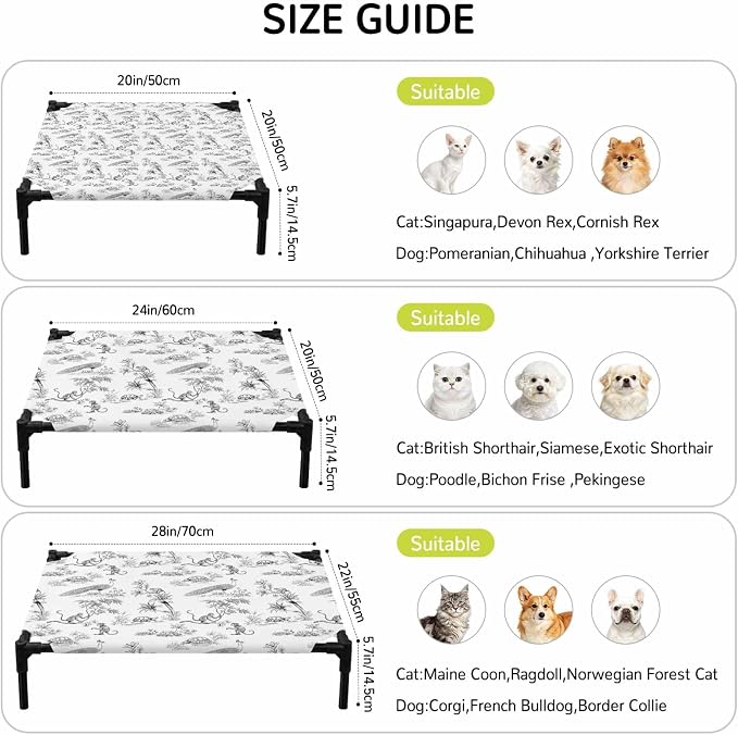 Outdoor Elevated Dog Bed for Small Dogs, Farmhouse Monkey Breathable Cooling Raised Dog Cot for Indoor/Outdoor, Vintage Plants Rustic Turtles Peacock Waterproof Elevated Pet Beds, S 20 x 20 in