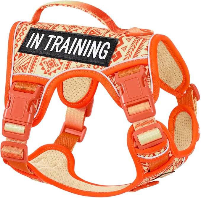 Small Dog No Pull Dog Harness, Pet Harness with Reflective Strip Soft Padded Handle, Adjustable Vest Harness for Walking Hiking Training, Geometric Pattern, Beagle, Orange Ethnic, S