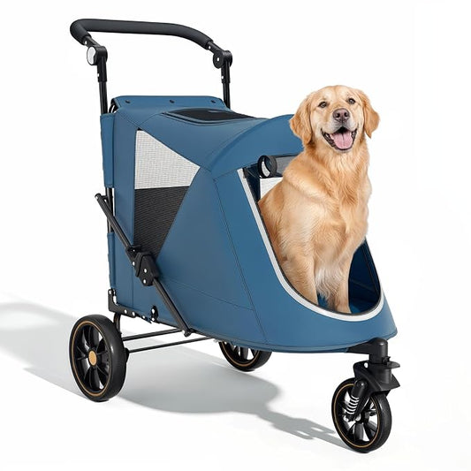 Magshion Pet Stroller for Medium Large Dog, 3-Wheel Foldable Jogger, Navy | All-Terrain with Adjustable Handle, Dual Entry, Rear Storage, Breathable Mesh, One-Foot Brake, Up to 55 lbs