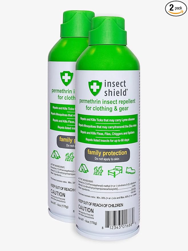 Insect Shield Premium Permethrin Spray - Tick, Flea, Fly, Mosquito, Chigger, Spider & Bed Bug Repellent for Clothing, Gear, Furniture, & Tents, Last up to 60 Days, Clear, 6 Oz Aerosol, Pack of 2