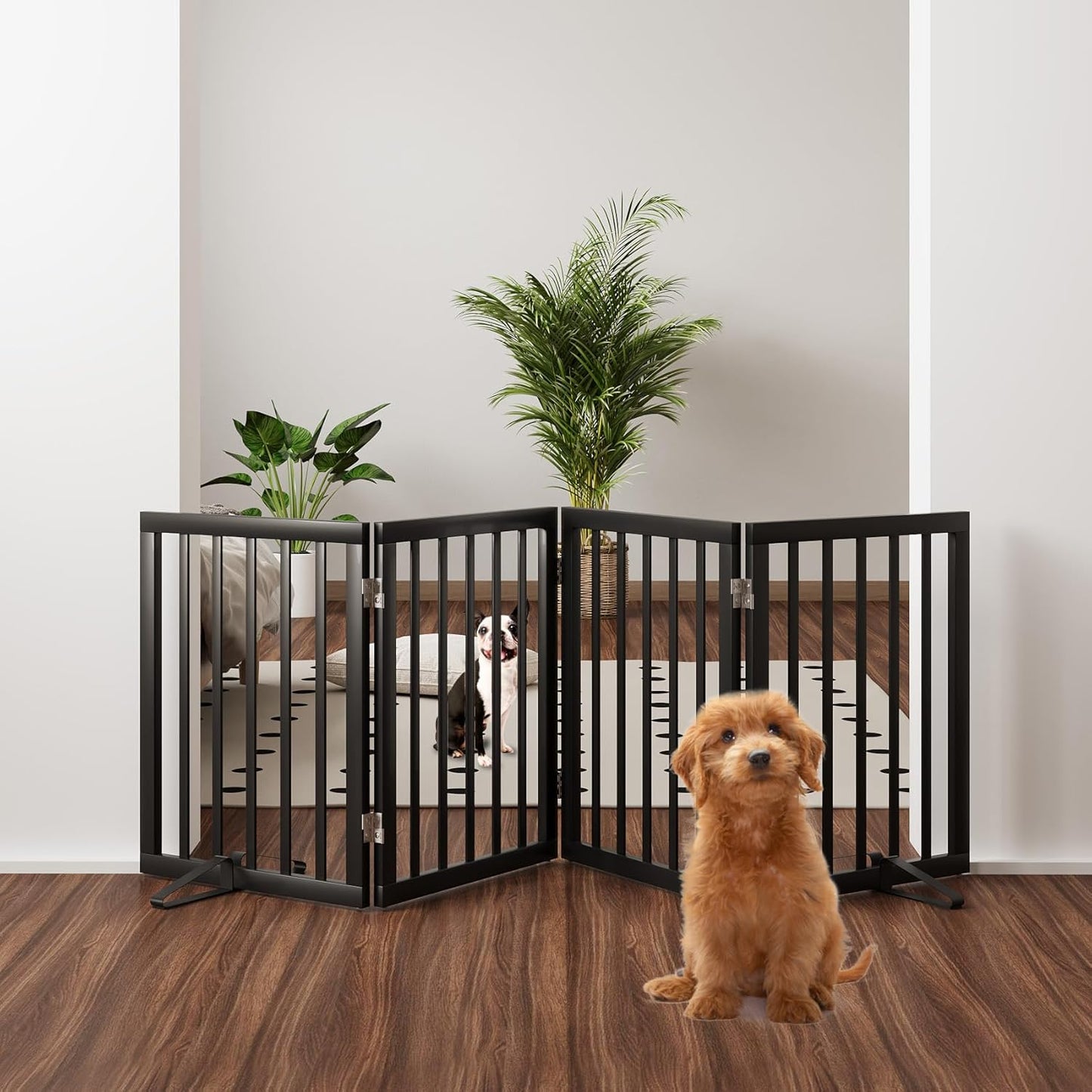 Black 37-74" Dog Gate Foldable Dog Gates for Doorways Stairs House Freestanding Pet Gate Puppy Barries 24 inches Tall