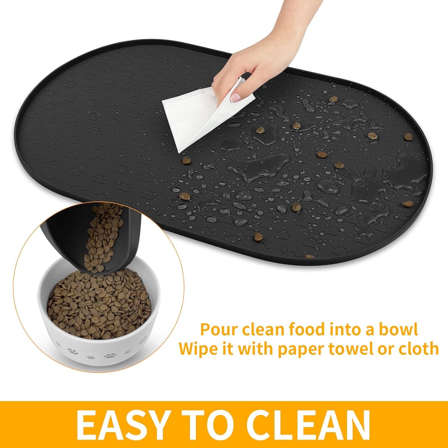 KPWACD Pet Placemat for Dog and Cat, Anti-Slip Waterproof Dogs Feeding Bowl Mat Prevent Food and Water Overflow, Silicone Puppy Dish Mats Suitable for Small Medium Big Pets, Black, 24" * 16"