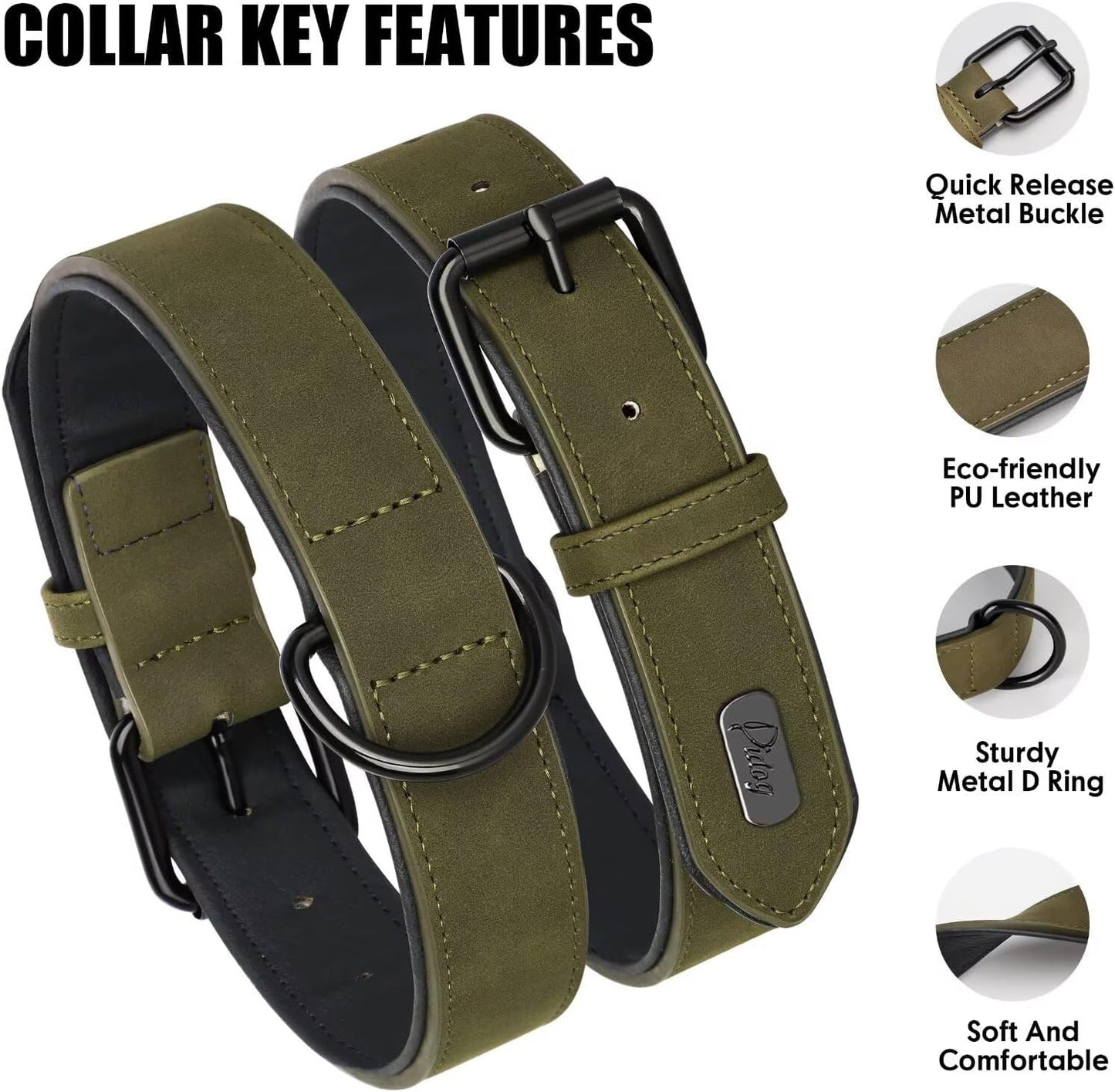 Didog Soft Padded PU Leather Dog Collar, Breathable and Adjustable Dog Collars for Small Dogs, Comfortable for Daily Walk, Dark Green, M Fit Neck 12-15"(13-22 lbs)