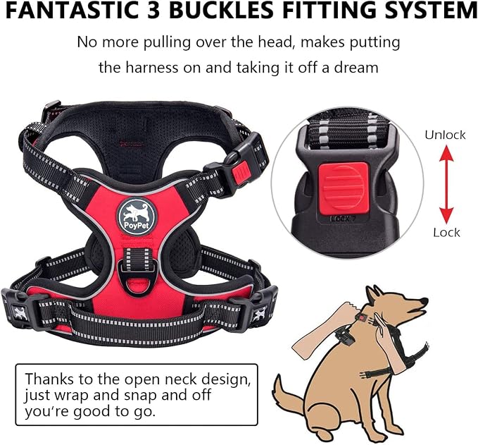 PoyPet No Pull Dog Harness Small with Front Clip & Neck Release Buckle | No Choke, Adjustable Vest, Reflective, Back Clip, Lockable, Soft Padded, Easy Control Handle for Walking Training, S, Red