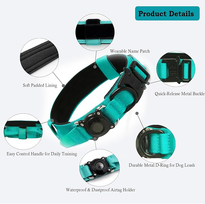AirTag Dog Collar for Large Dogs Tactical Dog Collar with AirTag Holder | Upgrade Waterproof,Control Handle,Quick-Release Metal Buckle,1000D Nylon Fabric,Soft-Padded Webbing,Velcro Patch(Teal,M)