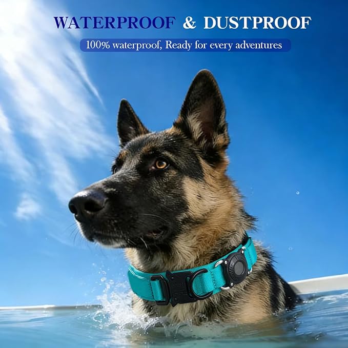AirTag Dog Collar for Large Dogs Tactical Dog Collar with AirTag Holder | Upgrade Waterproof,Control Handle,Quick-Release Metal Buckle,1000D Nylon Fabric,Soft-Padded Webbing,Velcro Patch(Teal,XXL)
