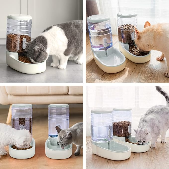 Automatic Dog Cat Feeder and Water Dispenser Gravity Food Feeder and Waterer Set with Pet Food Bowl for Small Medium Dog Puppy Kitten, Large Capacity 1 Gallon x 2(Grey)