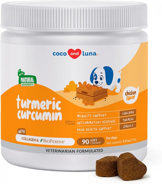 Turmeric Curcumin for Dogs - 90 Soft Chews - with Collagen, BioPerine and Fish Oil - Hip & Joint Support, Ease Inflammation, Antioxidant.