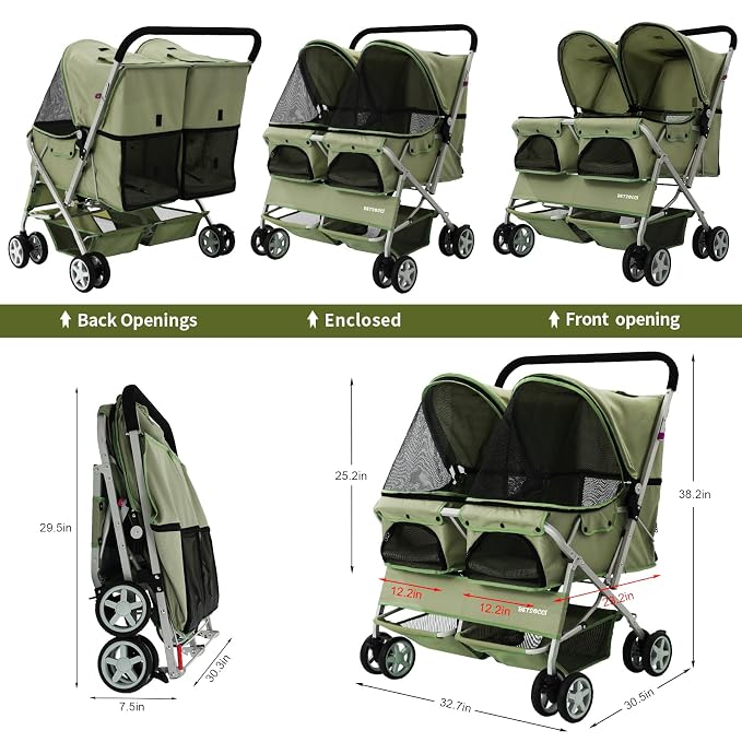 Double Pet Stroller for 2 Small Dogs & Cats, Side-by-Side Twin Travel Carriage with Safety Leashes, Mesh Windows & Double Storage Baskets, Lightweight & Foldable, 44lbs Capacity, Green