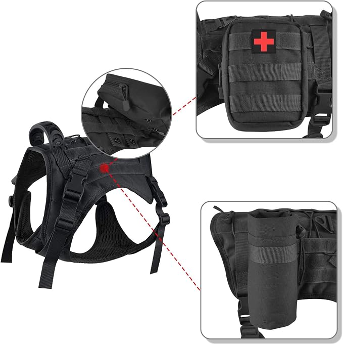 Tactical Dog Vest with Pouches, Adjustable Heavy Duty Nylon Harness for Medium Large Dogs, Service Outdoor Training Military Vest Harness with Molle System and Handle