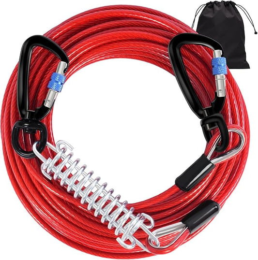 Snagle Paw Dog Tie Out Cable 15FT,Heavy Duty Dog Leads for Yard with Shock Absorbing Spring & Swivel Hook,Leash Cable for Outdoor Camping,Dog Line for Small Large Dogs,withstand 1000LBS Break Strength