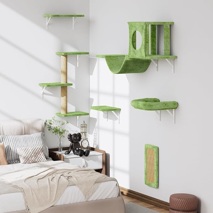 12-in-1 Cat Wall Shelves, Luxury Wall-Mounted Cat Climber Set with Condos House, Scratching Post, Bridge Ladder, Indoor Space-Saving Furniture for Kittens, Green
