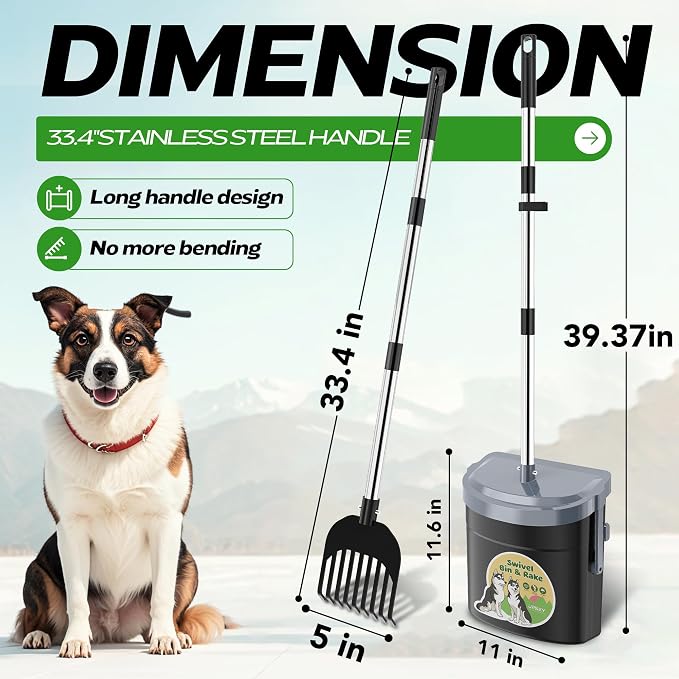 UPSKY Dog Pooper Scooper Swivel Bin & Rake Kit with 100 Waste Bags,33.4" Stainless Steel Long Handle Heavy Duty Pet Poop Shovel for Large Medium Small Dogs, Odor-Proof Lid for Yard/Lawn/Outdoor Use
