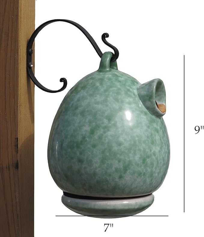 Byer of Maine Egg Bird Home for Small Songbirds, Meadow Green, High Fired Porcelain Stoneware, Ceramic Bird House, Glaze Finish, with Forged Steel Hook