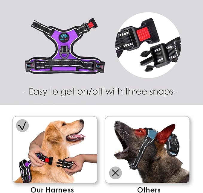 No Pull Dog Harness Medium Reflective Front Clip Vest with Handle | Adjustable 2 Metal Rings 3 Buckles,[Easy to Put on & Take Off](M, Purple)