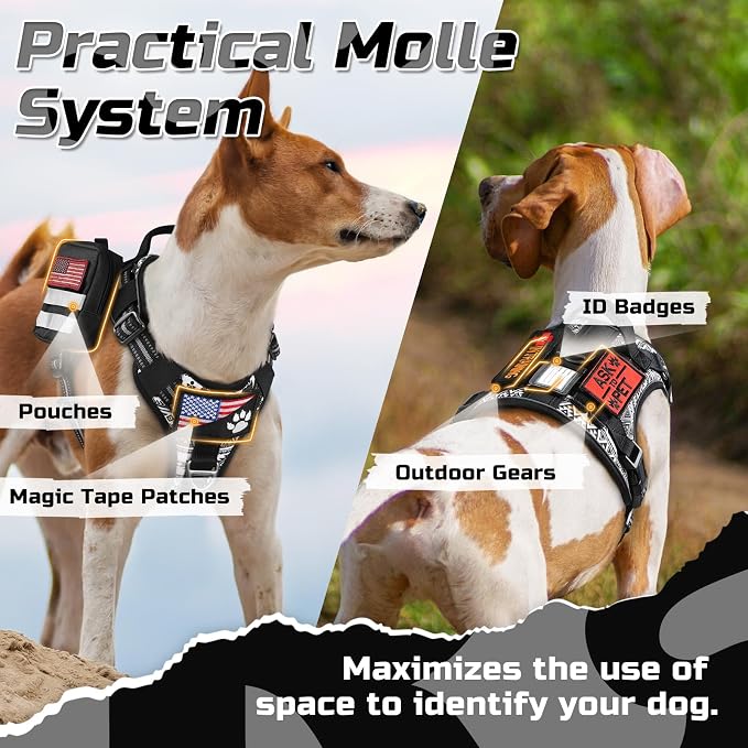 rabbitgoo Tactical Dog Harness for Medium, No Pull Military Service Vest | Molle & Handle, Heavy Duty, Adjustable, Reflective Straps, Easy Control for Training Walking, B&W Geometric, Medium