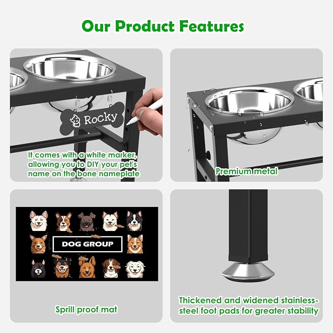 SHAINFUN Elevated Dog Bowl Stand for Large Dogs& Extra Large Dogs with 3 Bowls 101oz– 4 Adjustable Height Raised Pet Feeder with Anti-Spill Mat, Stainless Steel Food & Water Station