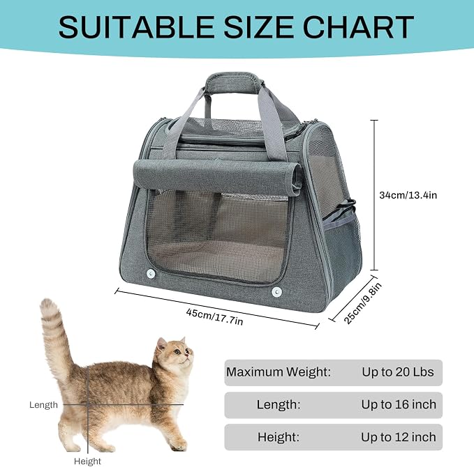 Airline Approved Soft-Sided Pet Carrier for Cats & Small Dogs - Ventilated Travel Bag with Removable Mat, Under 15 lbs, Grey