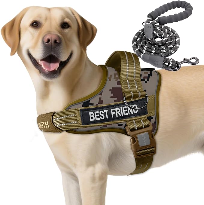 AUROTH Dog Harness and Leash Set for Large Sized Dog, No Pull Dog Vest | with Leash Clips, LED light clip, Soft Padded No Choke, Escape Proof, Easy Walking and Training, Desert Camo, XL
