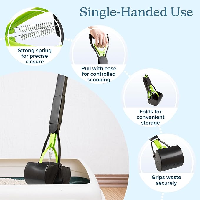Pooper Scooper - Foldable Cat and Dog Poop Scoop with Ergonomic Handle - Enables One-Handed Use on Concrete, Grass, and Gravel by PETMAKER (Green)