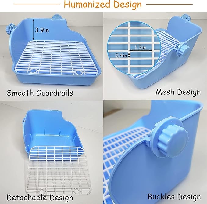 Rabbit Litter Box for Cage Bunny Corner Litter Bedding Box Small Animal Litter Pan Hanging Pet Bowls Cage Potty Trainer Pet Toilet for Rabbit Bunny Guinea Pigs Small Animals(Blue)