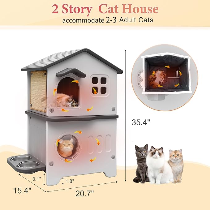 Insulated Cat House Outdoor Plastic Cats Shelter Outside with Cat Bowls | Weatherproof, Durable Plastic, with Elevated Cat Bowls, Cat Scratch Pad , Escape Door, 2-Story, Waterproof ,for Multiple Cats