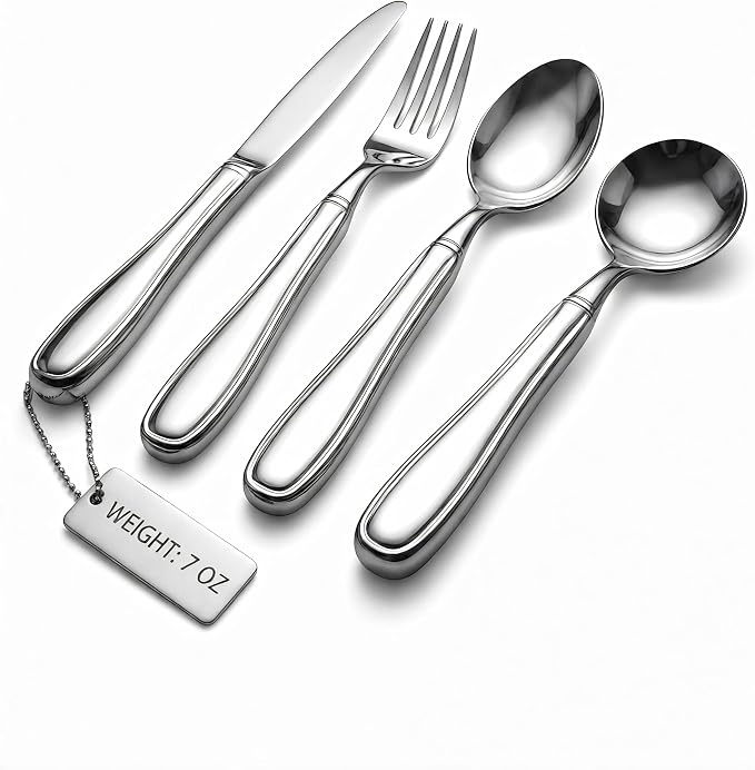 Weighted Utensils 7 oz Cozentra - Adaptive Utensils (4-Piece Set) Weighted 7 oz Each- Weighted Utensils for Hand Tremors and Parkinson's Patients - Weighted Silverware for Hand Tremors