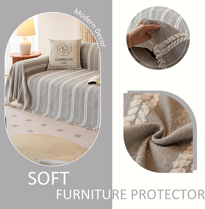 VClife Chenille Sofa Cover Bohemian Striped Pattern Couch Cover for 3 Cushion Sofa - Gray Creamy White Textured Sofa Slipcover Washable Furniture Protector for Couch Decorative Couch Cushion Cover