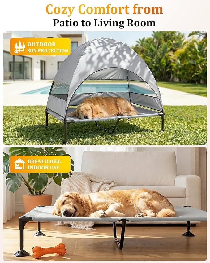 Elevated Dog Bed with Canopy - 3-Sided UV Protection Pet Tent with Wider Shade, Raised Cooling Outdoor Dog Cot with Breathable Mesh for Medium Large Dogs, Portable Bed for Camping, Patio (Grey, XL)
