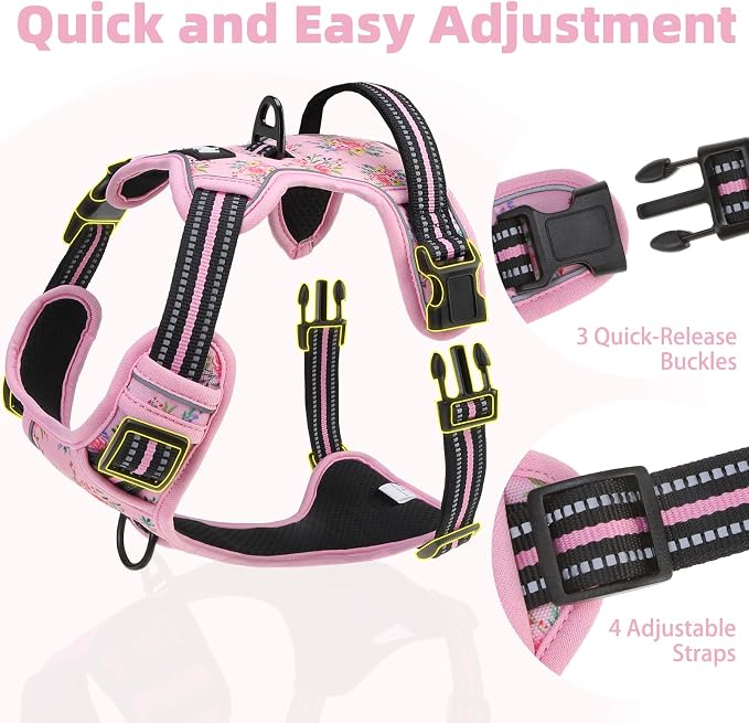 PUPTECK No Pull Tactical Dog Harness for Large, Adjustable Reflective Dog Harness with Handle Easy Control, Comfortable Soft Padded Pet Vest Harness for Large Dogs, Pink Flowers L