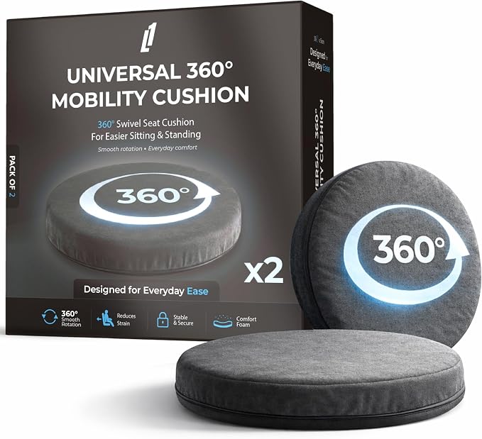 Pack of 2, 360 Degree Swivel Seat Cushion for Easier Sitting and Standing, Mobility Cushion for Chair and Car, Black, 15 Inches,
