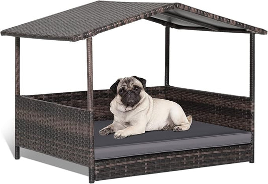 Tangkula Wicker Dog House, Indoor Outdoor Raised Rattan Dog Bed w/Removable Cushion, Washable Cover, Weatherproof Roof, Rattan Puppy Shelter w/Elevated Floor for Small Medium Dogs (Grey)