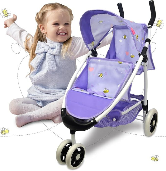 Doll Stroller Toy Anivia Realistic Twin Dolls Pram, Doll Pushchair with Shopping Basket Heart Design Gifts for Toddlers and Girls Foldable Baby Doll Stroller Toy (DA310pur)