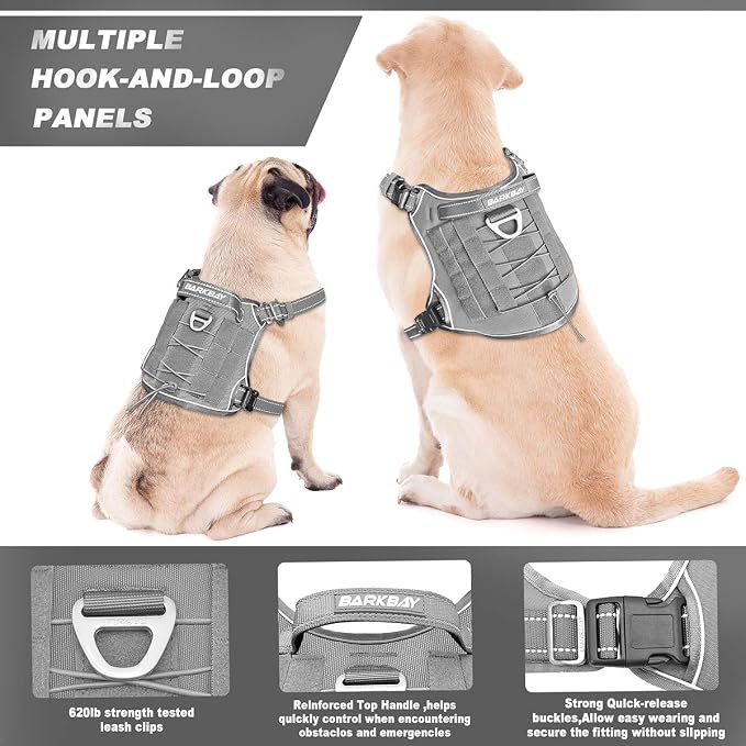 Tactical Dog Harness Large,Military Service Weighted Dog Vest Harness Working Dog MOLLE Vest with Loop Panels,No-Pull Training Harness with Leash Clips for Walking Hiking Hunting(Grey,S)
