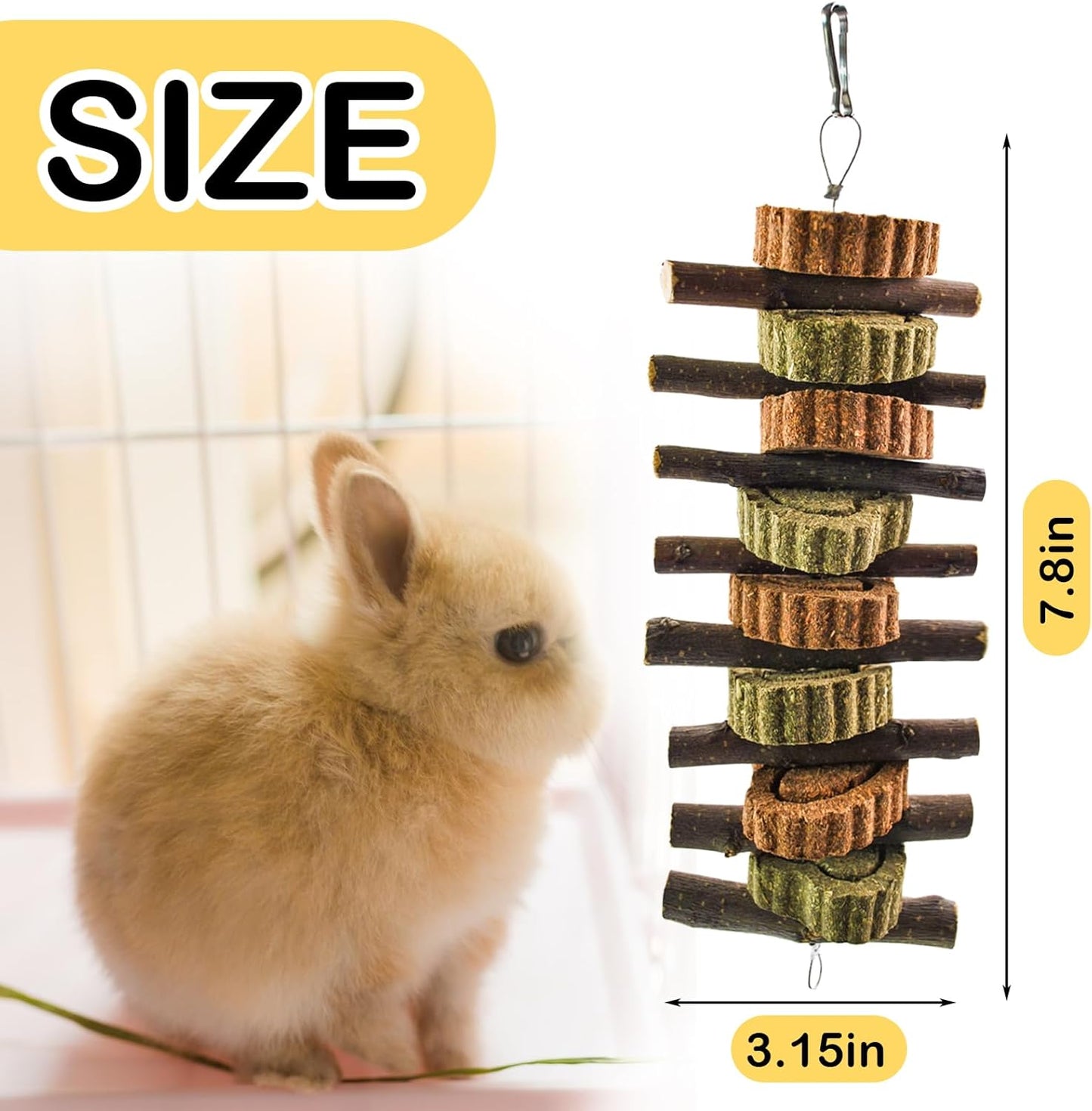 Rabbit Chew Toy,Bunny Chew Toys for Teeth Grinding,Natural Apple Branch Teething Sticks with Hay Grass Cake Improve Dental Health Bunny Hanging Chew Toys for Rabbits,Chinchillas,Hamster (4 Pcs)