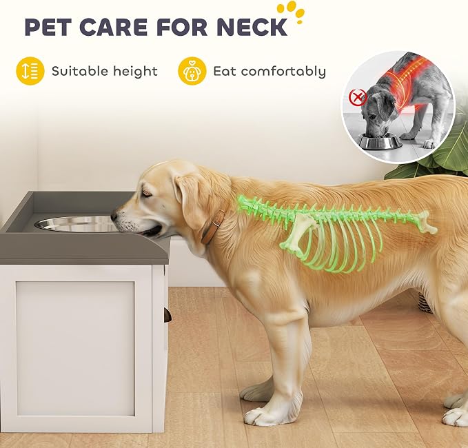 PawHut Dog Feeding Station with Drawer Dog Food Storage Cabinet White | 2 Removable Elevated Pet Bowls, for Large Sized Breeds
