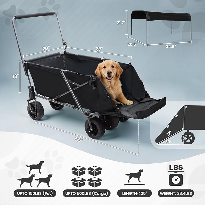 REDCAMP Folding Dog Wagon with Canopy, 150lbs Dog Stroller with 6 Wheels | Collapsible Utility Cart with 17.3" Extendable Ramp for 2 Medium Dogs Large Dog, All-Terrain Wheels with Brake for Senior Pet