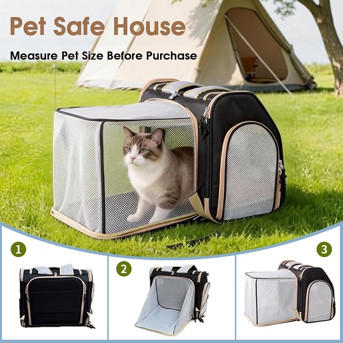 Expandable Cat Carrier Backpack, Foldable Pet Backpack for Small Dog Ferret Rabbit, Airline Approved Breathable Mesh Backpack with Sun Shade for Outdoor, Black, 16x9x13.5 Inch