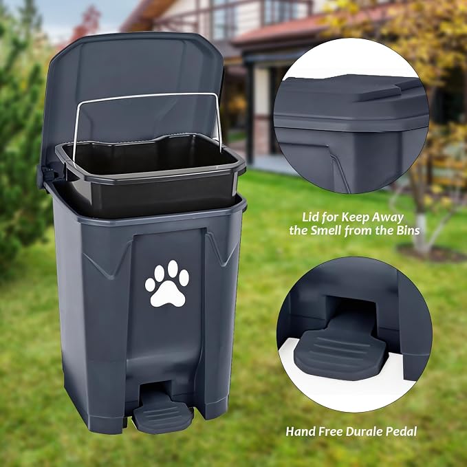 Dog Poop Trash Can Outside Outdoor Pet Waste Bucket with Lid Garbage Bin | Outdoors Pet Waste Station Dog Waste Disposal Container with Removable Inner Bin for Garden Yard Home Dog With Waste Bag Grey